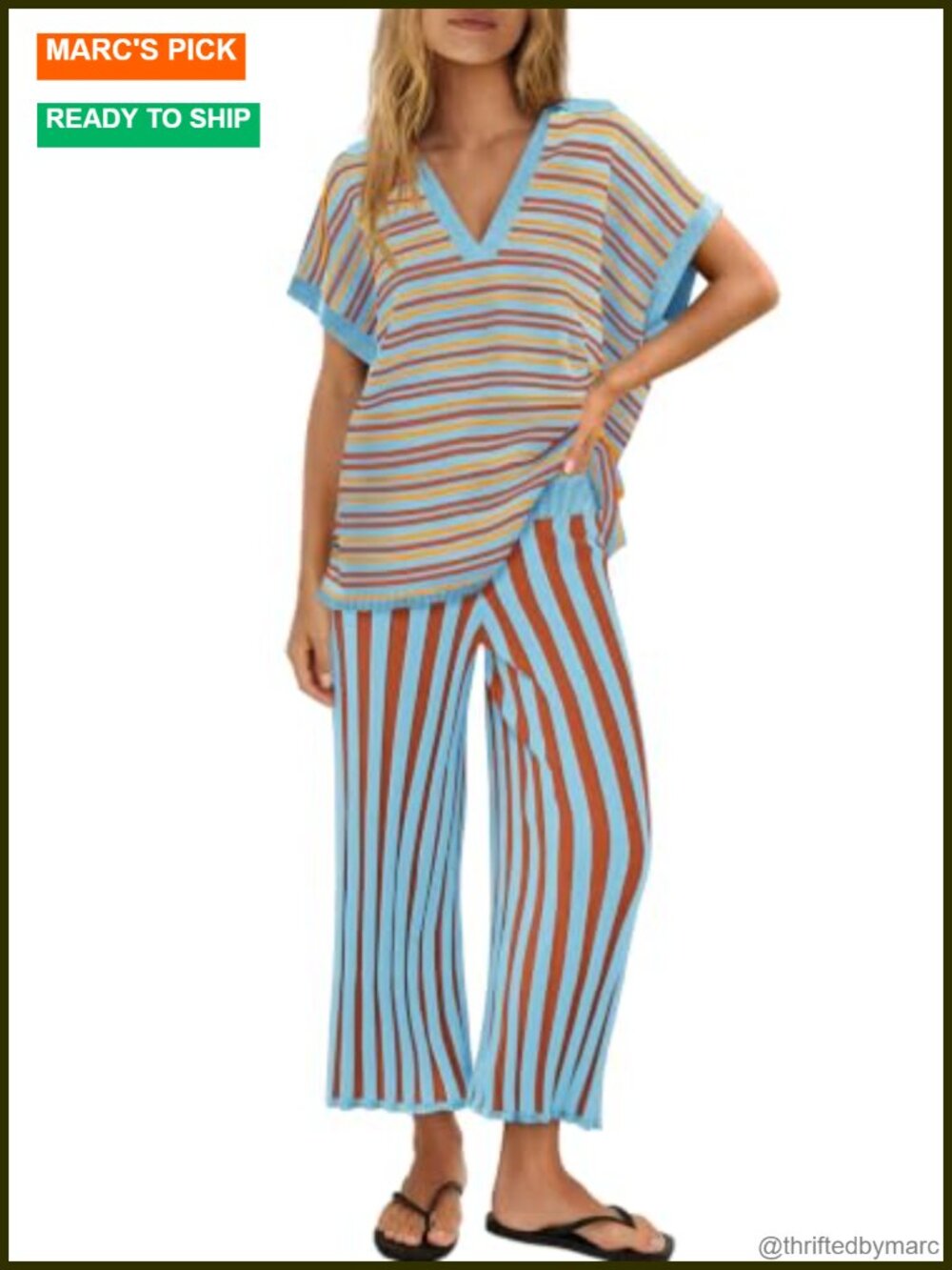 Striped V-Neck Lounge Set Wide Leg Cropped Pants 2 Piece